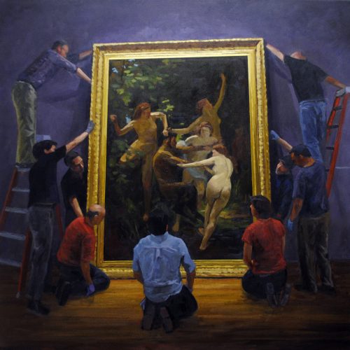 Preparators, Nymphs, And A Satyr, Oil On Canvas, 38” X 38”